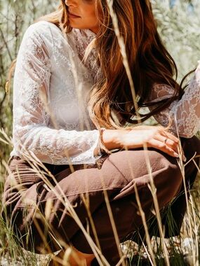 Sheer Lace Long Sleeve Top in Beige